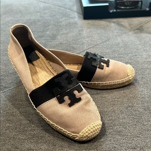 Tory Burch Beige Canvas Espadrille Flats with Black Logo Band